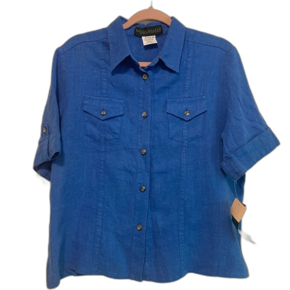 Harve Benard royal blue linen short sleeve safari button front shirt size 14 - Picture 1 of 6